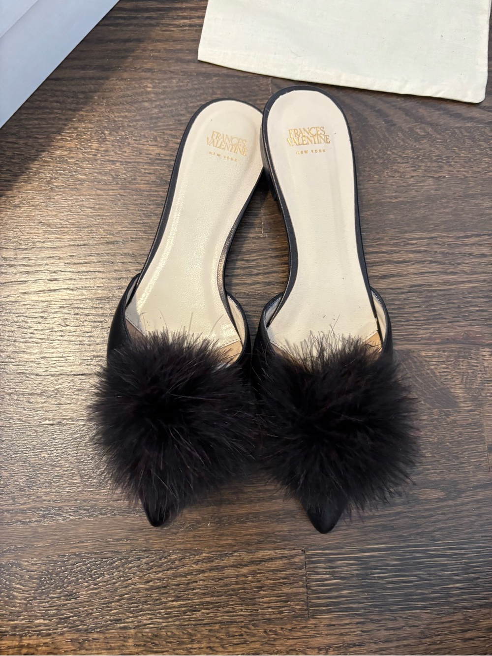Frances Valentine Black Pom Pom Pointed Slide Mules